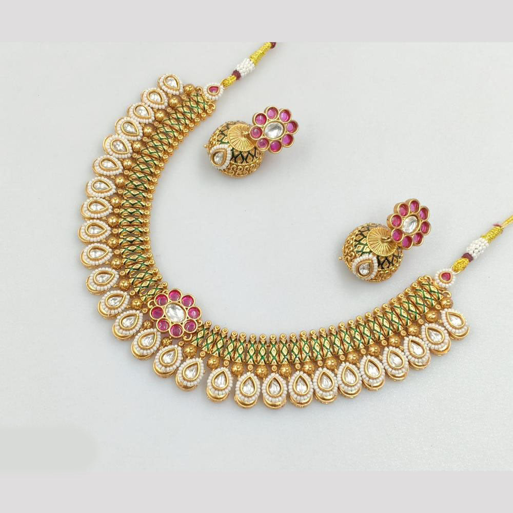 Rajwadi Collection Gold Plated Pota Stone And Pearls Necklace Set