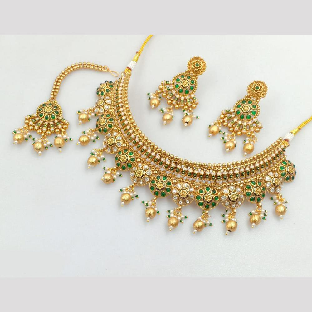 Rajwadi Collection Gold Plated Pota Stone And Pearls Necklace Set