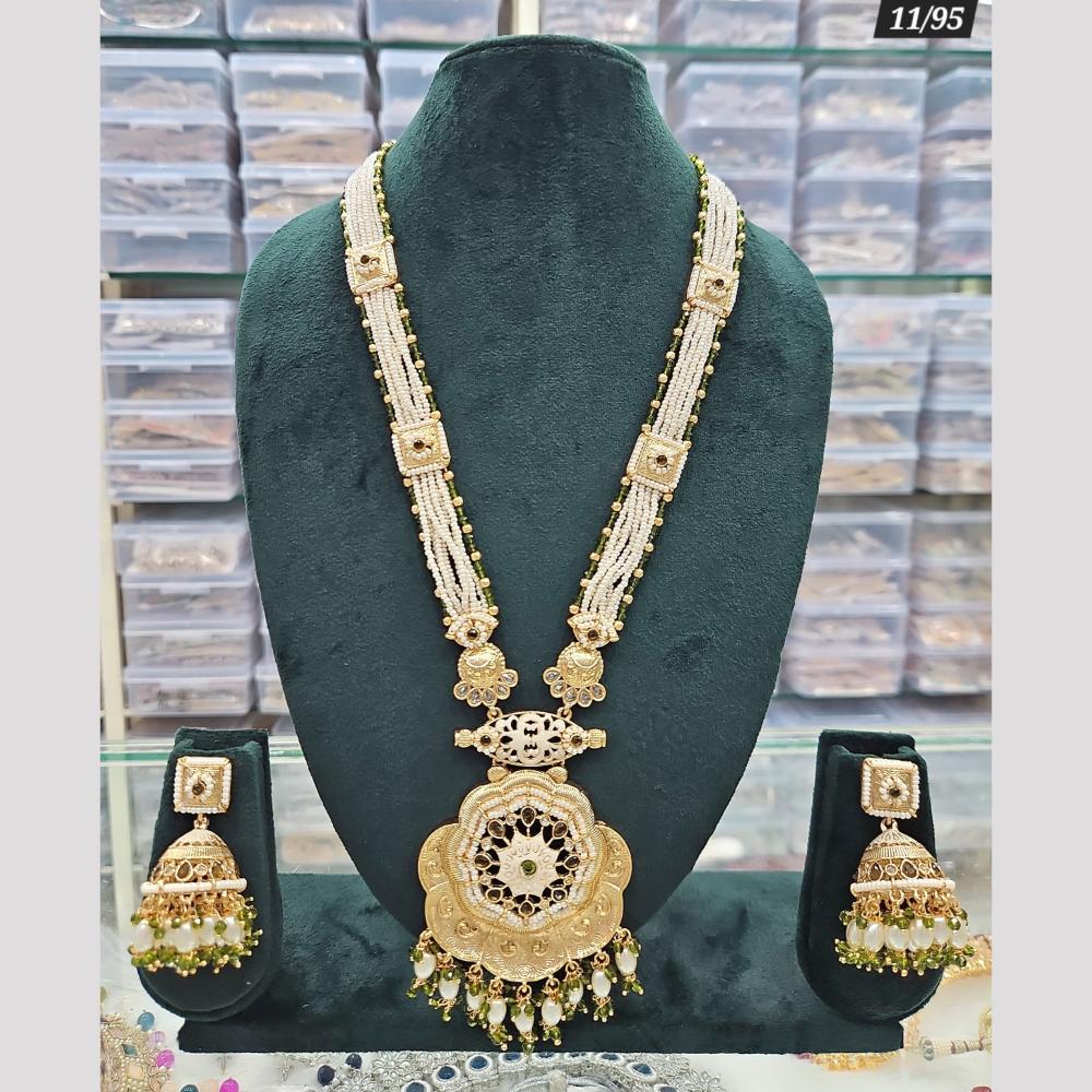 Rajwadi Collection Gold Plated Pota Stone And Pearls Long Necklace Set