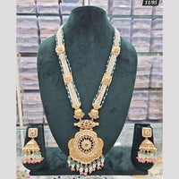 Rajwadi Collection Gold Plated Pota Stone And Pearls Long Necklace Set