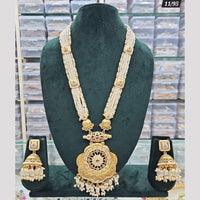 Rajwadi Collection Gold Plated Pota Stone And Pearls Long Necklace Set