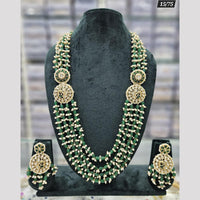 Rajwadi Collection Gold Plated Pota Stone And Pearls Long Necklace Set