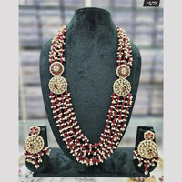 Rajwadi Collection Gold Plated Pota Stone And Pearls Long Necklace Set