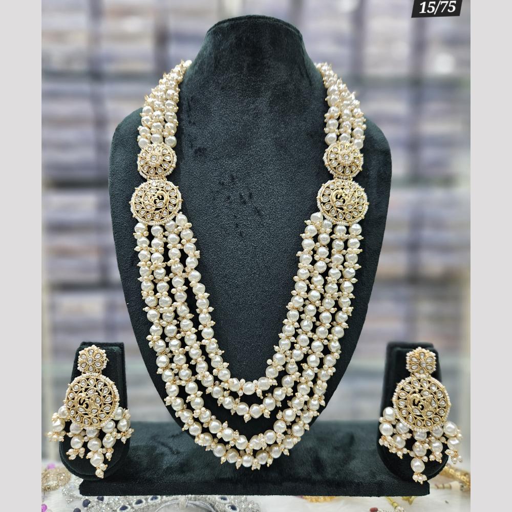 Rajwadi Collection Gold Plated Pota Stone And Pearls Long Necklace Set