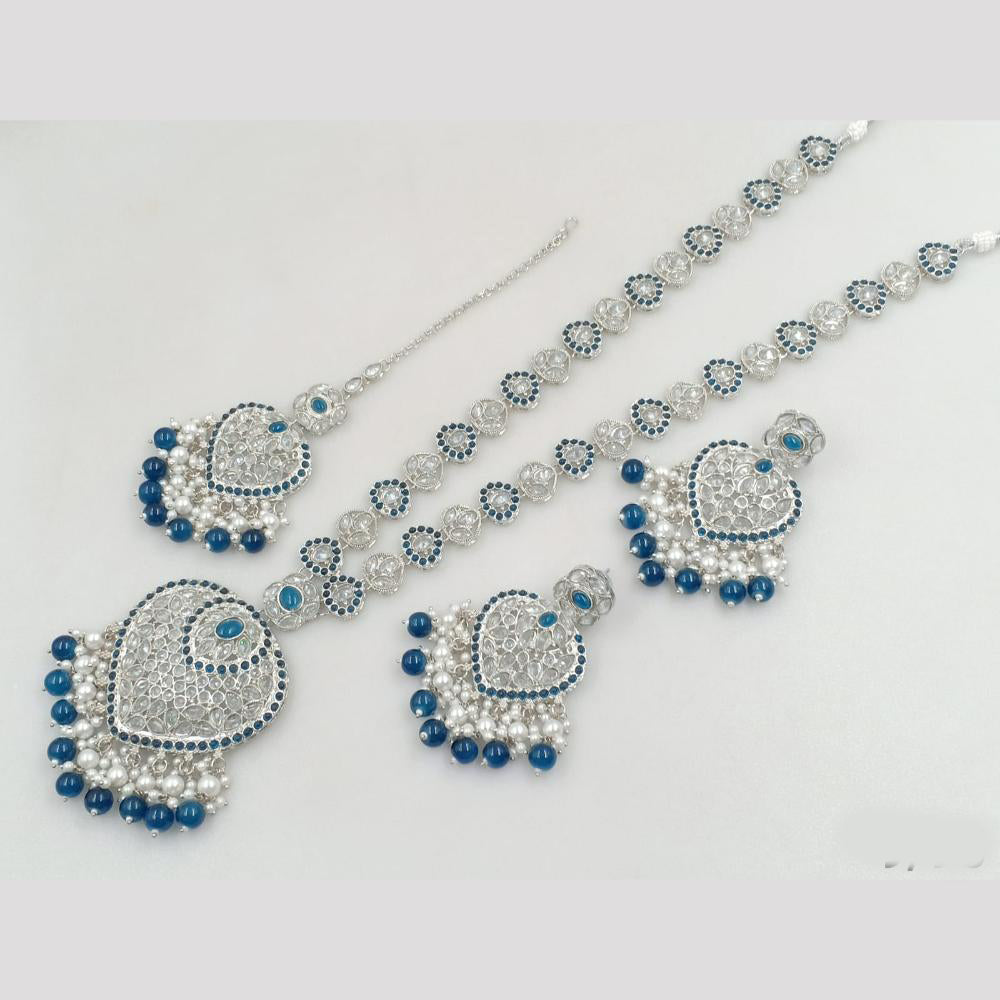 Rajwadi Collection Silver Plated Crystal Stone And Pearls Long Necklace Set