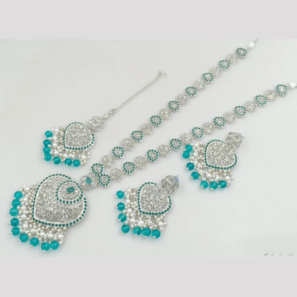 Rajwadi Collection Silver Plated Crystal Stone And Pearls Long Necklace Set