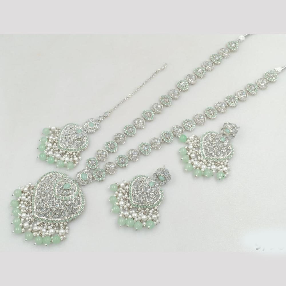 Rajwadi Collection Silver Plated Crystal Stone And Pearls Long Necklace Set