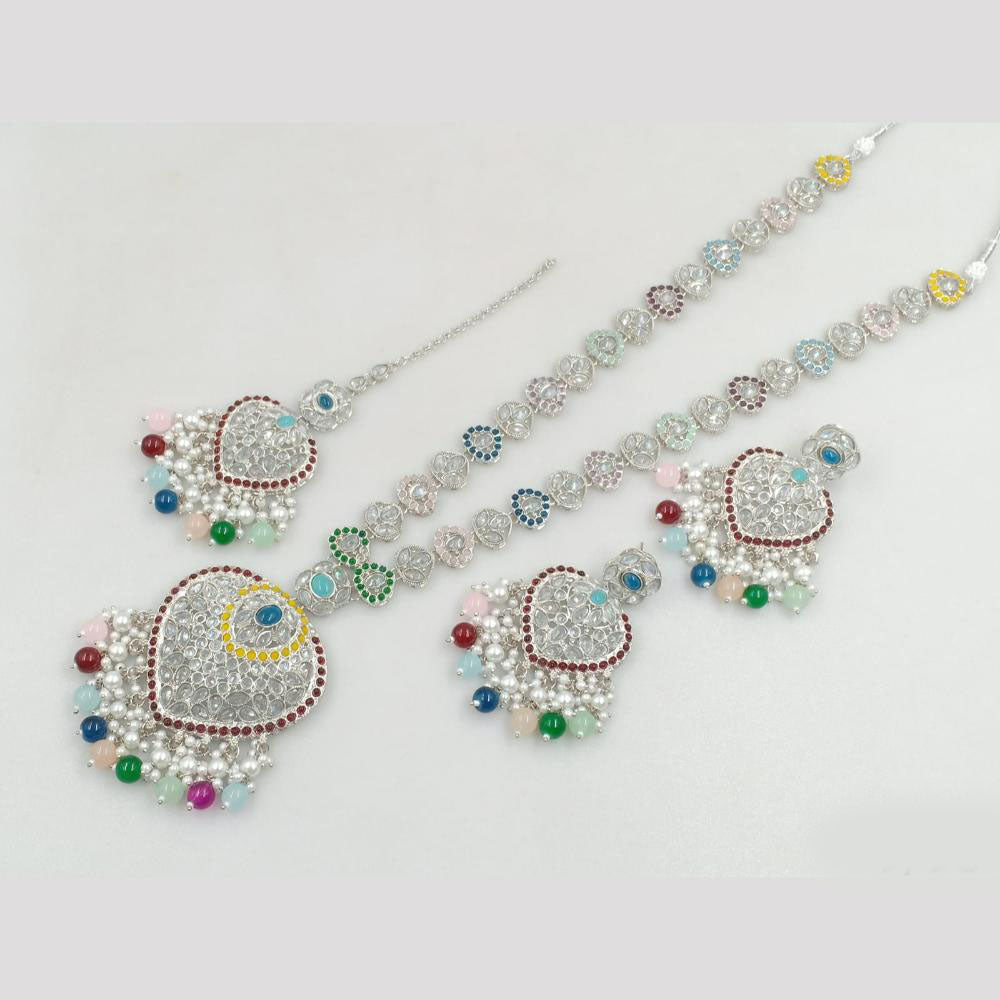 Rajwadi Collection Silver Plated Crystal Stone And Pearls Long Necklace Set