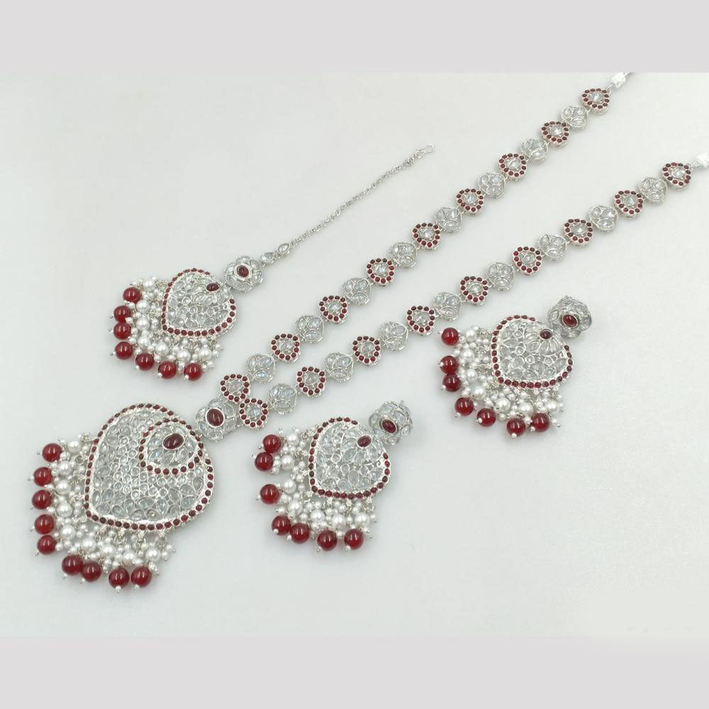 Rajwadi Collection Silver Plated Crystal Stone And Pearls Long Necklace Set