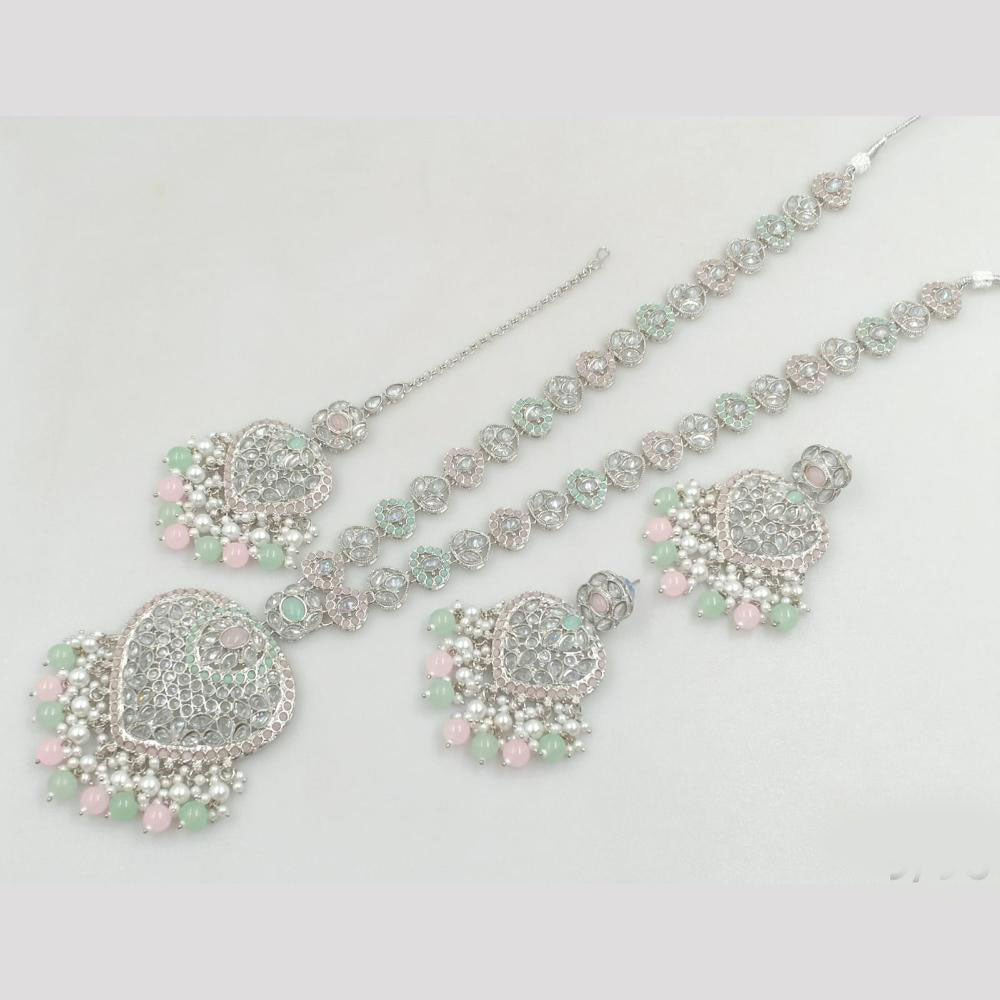 Rajwadi Collection Silver Plated Crystal Stone And Pearls Long Necklace Set