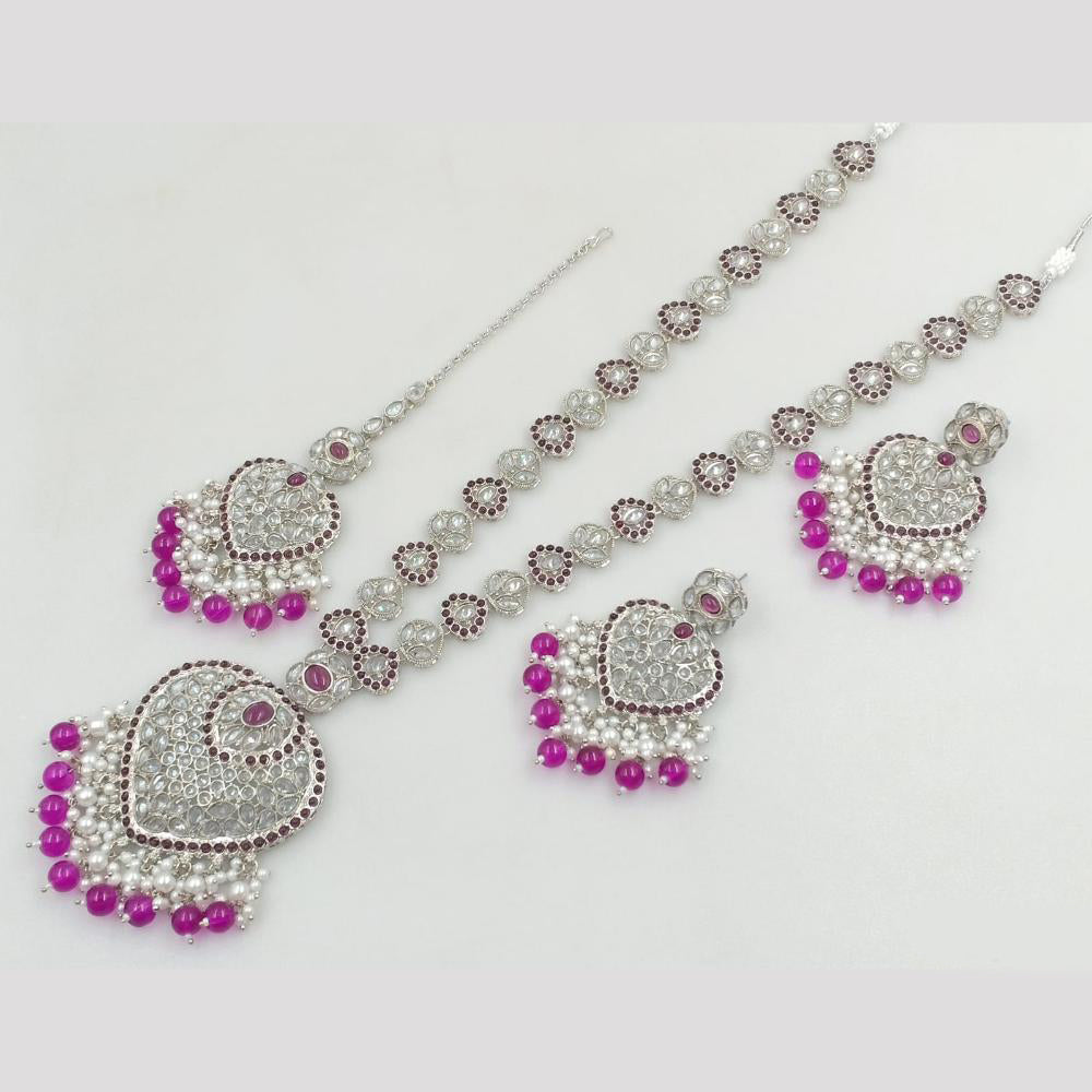 Rajwadi Collection Silver Plated Crystal Stone And Pearls Long Necklace Set