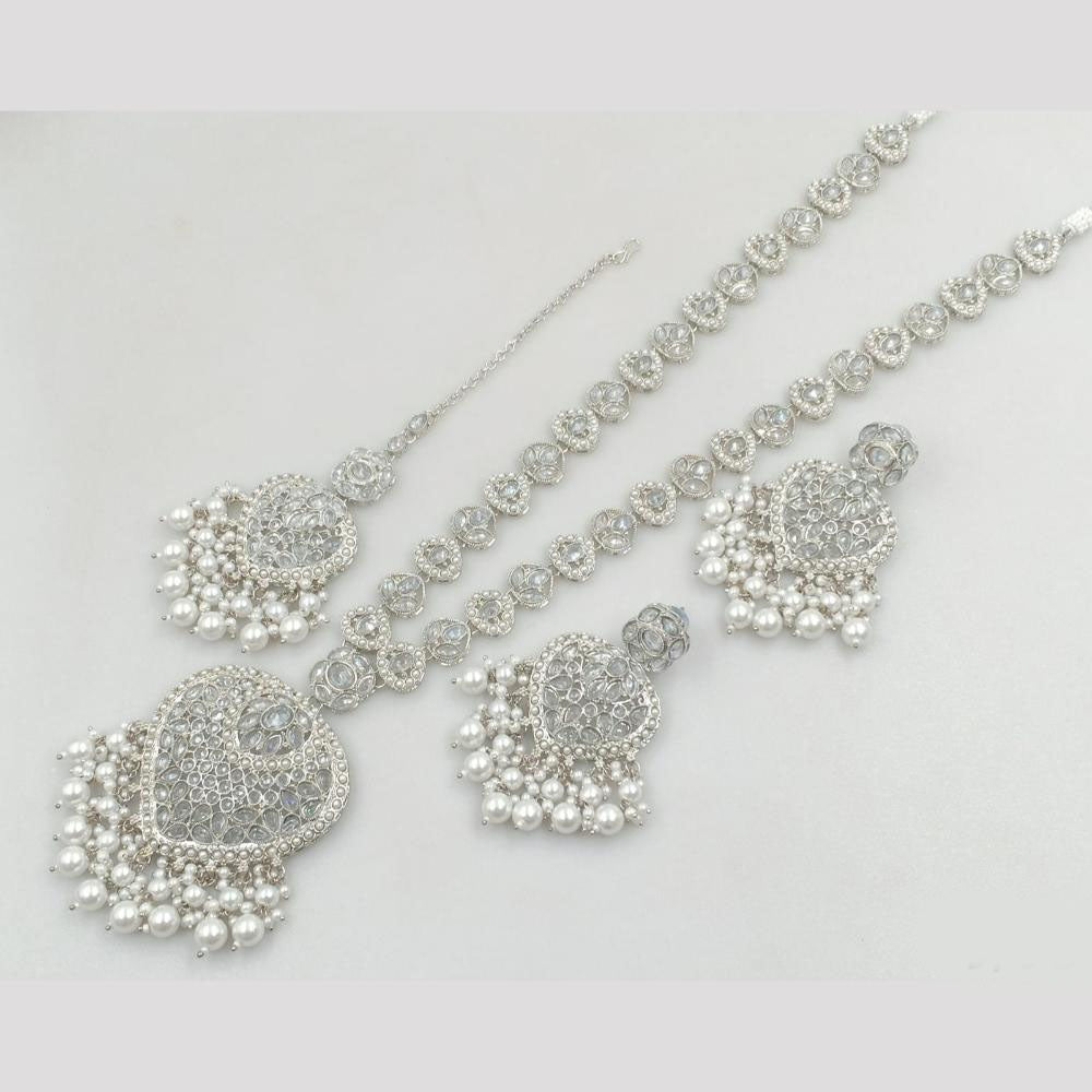 Rajwadi Collection Silver Plated Crystal Stone And Pearls Long Necklace Set