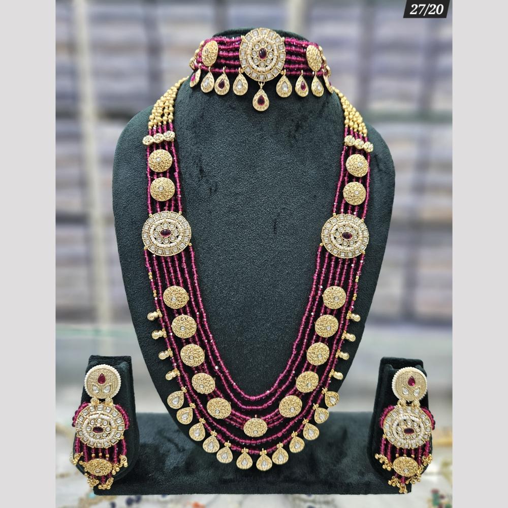 Rajwadi Collection Gold Plated Pota Stone And Pearls Double Necklace Set