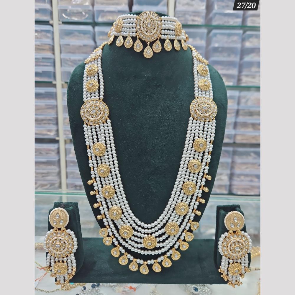 Rajwadi Collection Gold Plated Pota Stone And Pearls Double Necklace Set