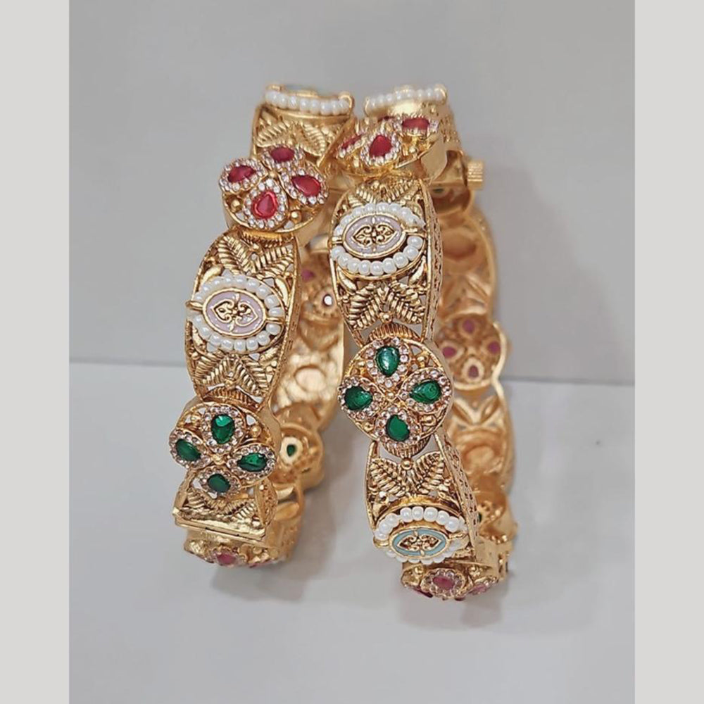 Rajwadi Collection Gold Plated Pota Stone And Meenaakri Openable Bangles Set