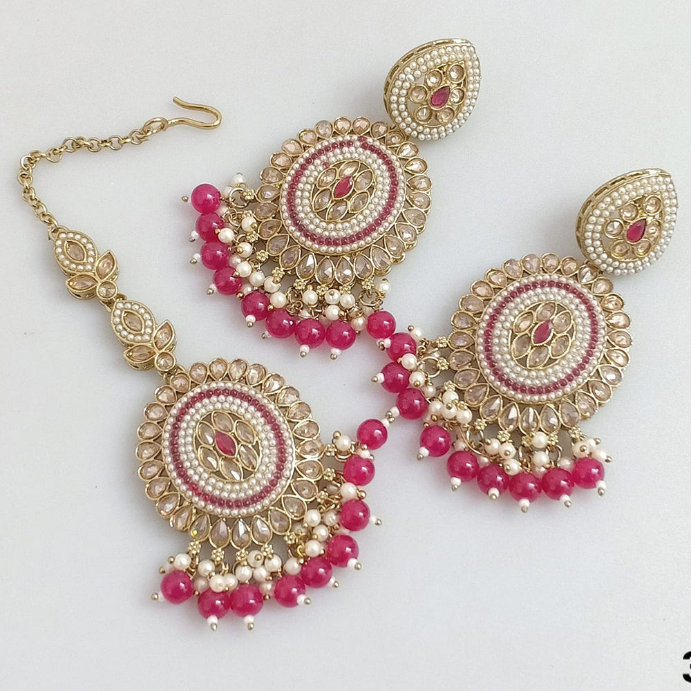 Rajwadi Collection Gold Plated Crystal Stone Pearl And Beads Dangler Earrings With Maangtika