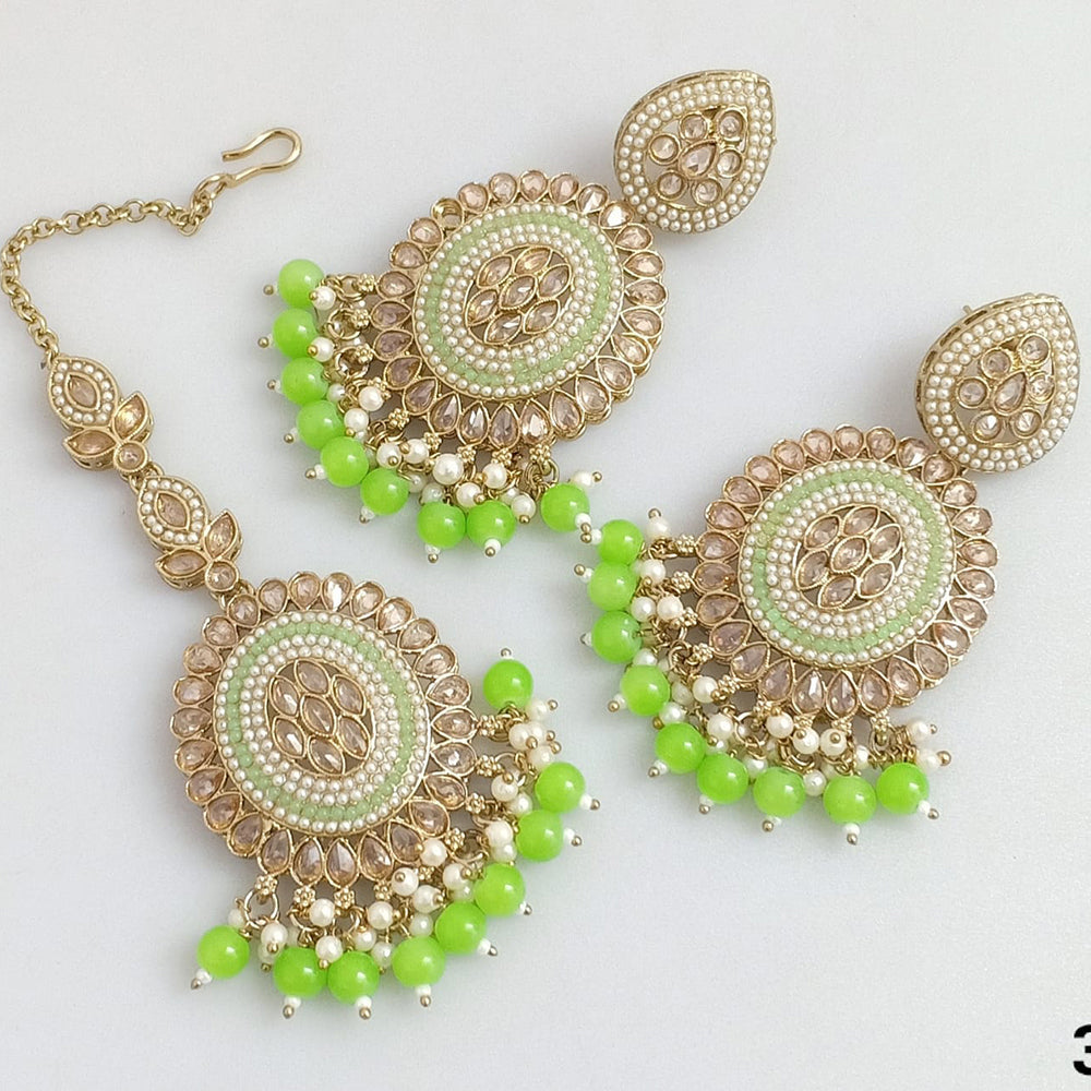 Rajwadi Collection Gold Plated Crystal Stone Pearl And Beads Dangler Earrings With Maangtika