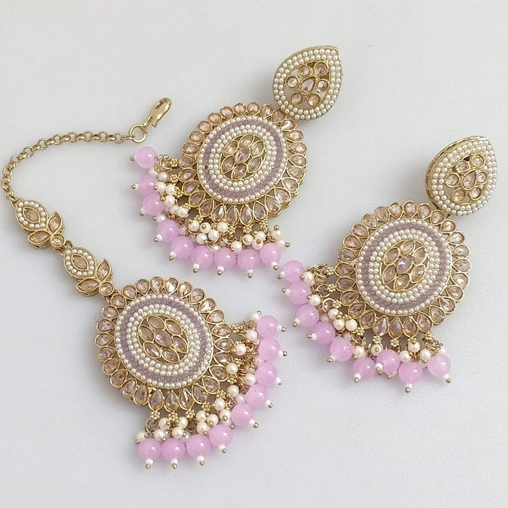Rajwadi Collection Gold Plated Crystal Stone Pearl And Beads Dangler Earrings With Maangtika