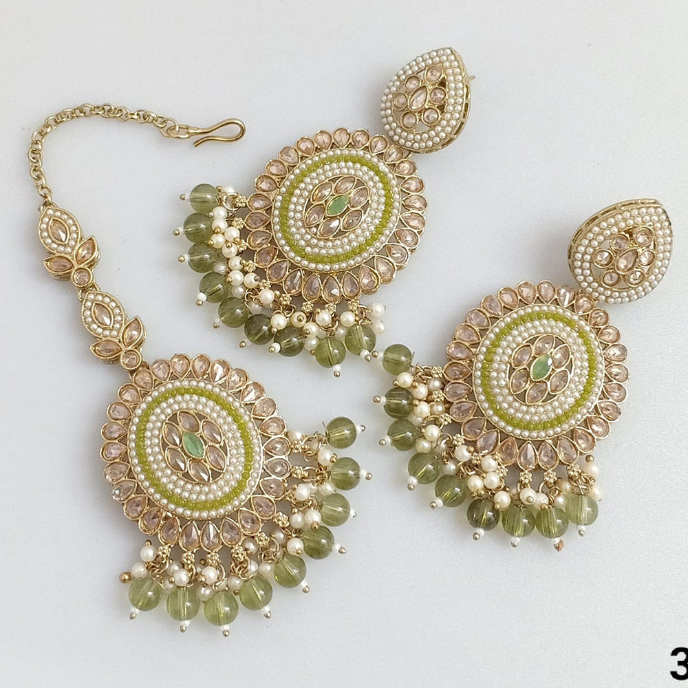 Rajwadi Collection Gold Plated Crystal Stone Pearl And Beads Dangler Earrings With Maangtika