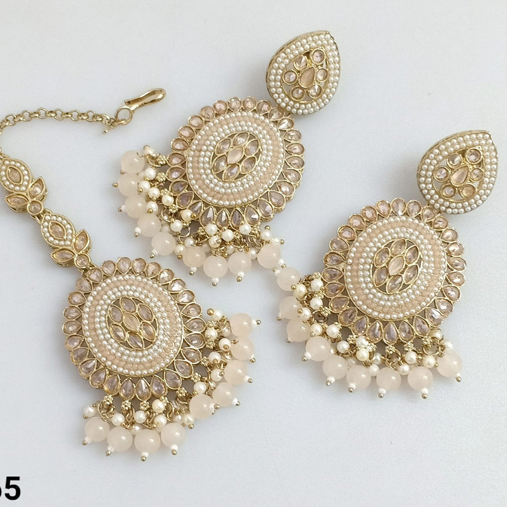 Rajwadi Collection Gold Plated Crystal Stone Pearl And Beads Dangler Earrings With Maangtika