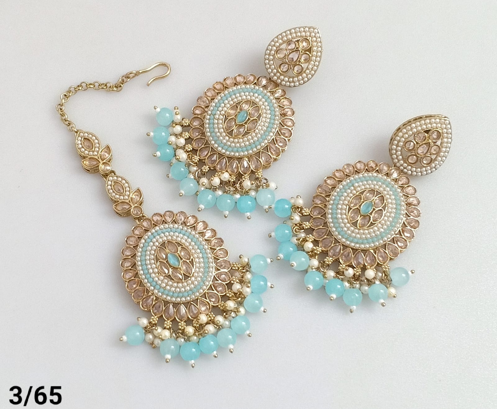 Rajwadi Collection Gold Plated Crystal Stone Pearl And Beads Dangler Earrings With Maangtika