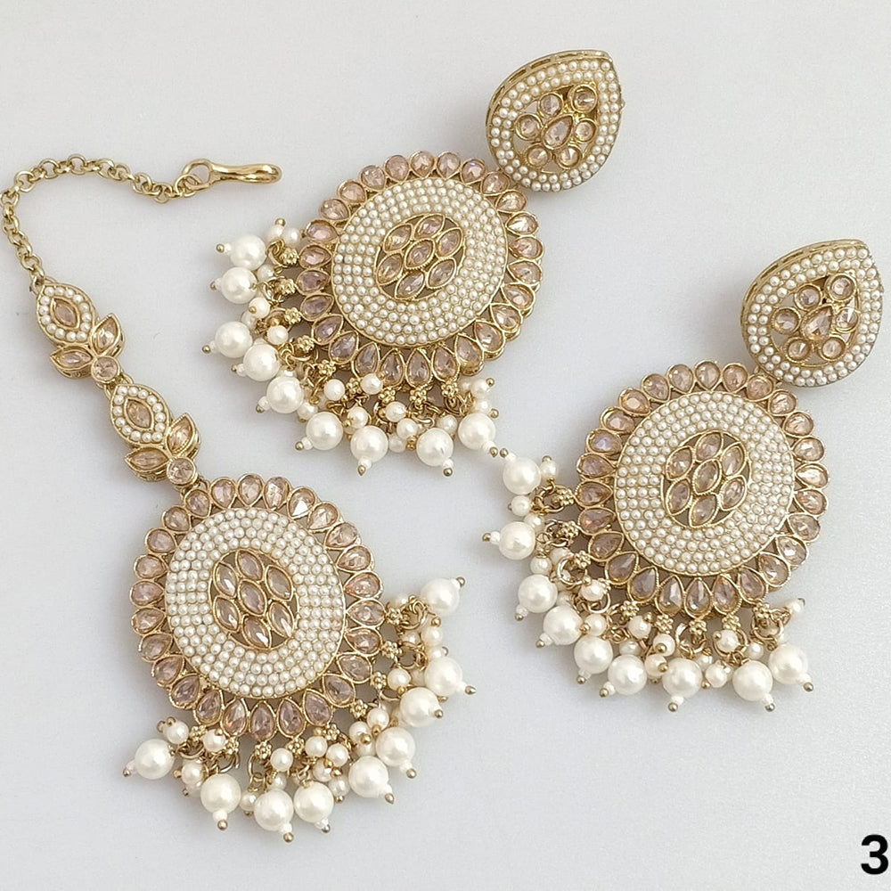 Rajwadi Collection Gold Plated Crystal Stone Pearl And Beads Dangler Earrings With Maangtika