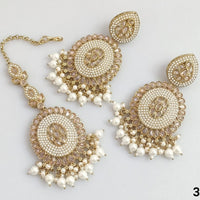 Rajwadi Collection Gold Plated Crystal Stone Pearl And Beads Dangler Earrings With Maangtika