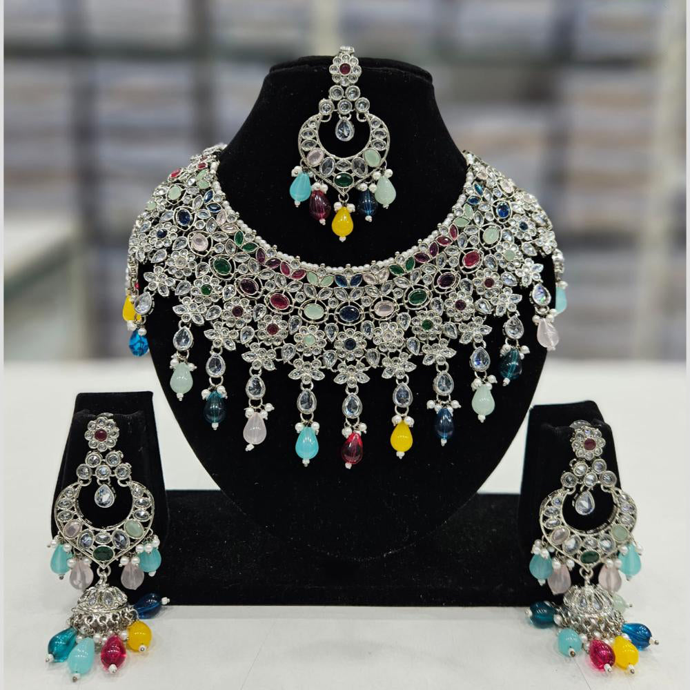 Rajwadi Collection Silver Plated Crystal Stone And Beads Necklace Set
