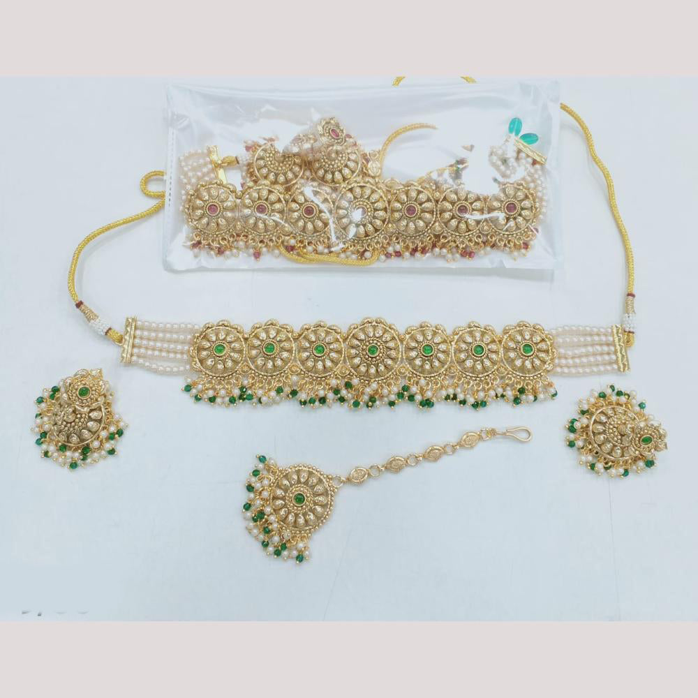 Rajwadi Collection Gold Plated Pota Stone Choker Necklace Set