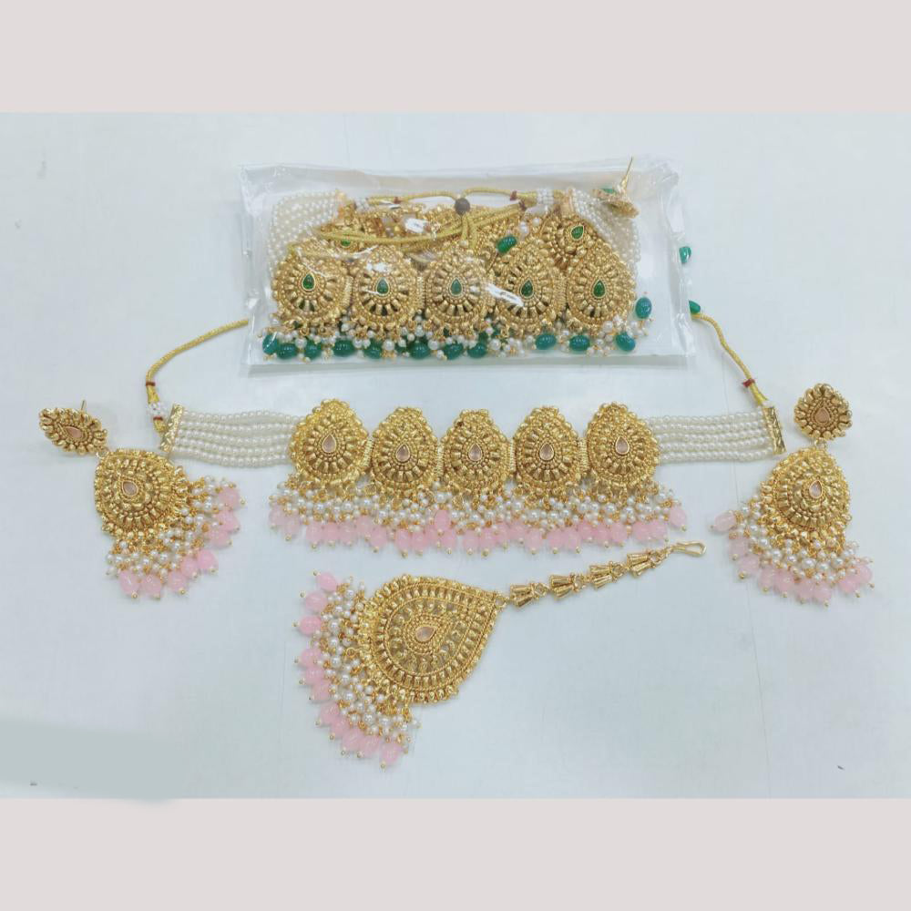 Rajwadi Collection Gold Plated Pota Stone Choker Necklace Set