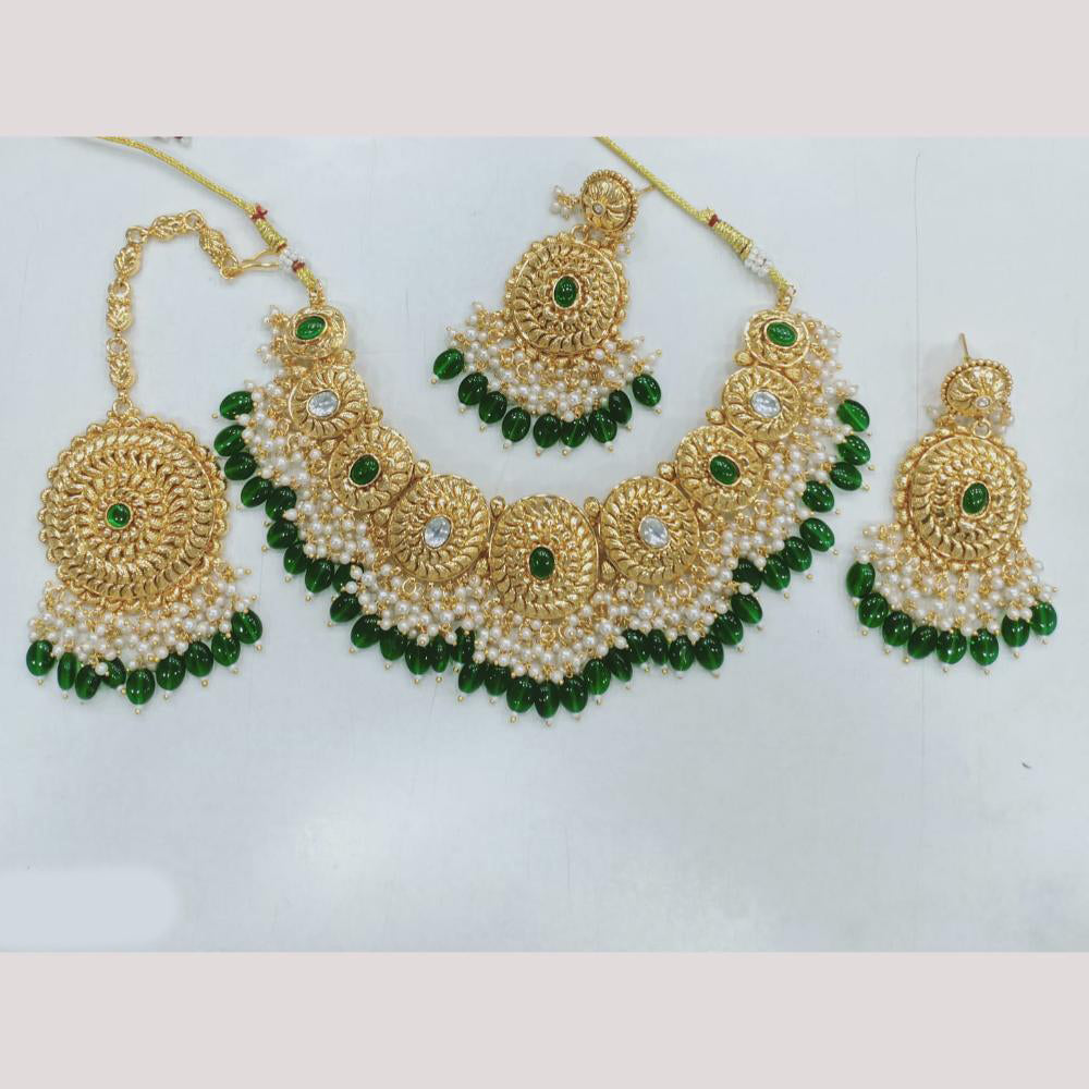 Rajwadi Collection Gold Plated Kundan And Pota Stone Necklace Set