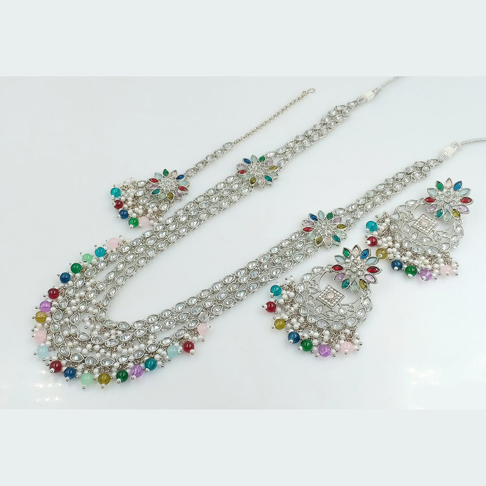 Rajwadi Collection Wedding Silver Plated with Crystals and Beads Long Necklace Set