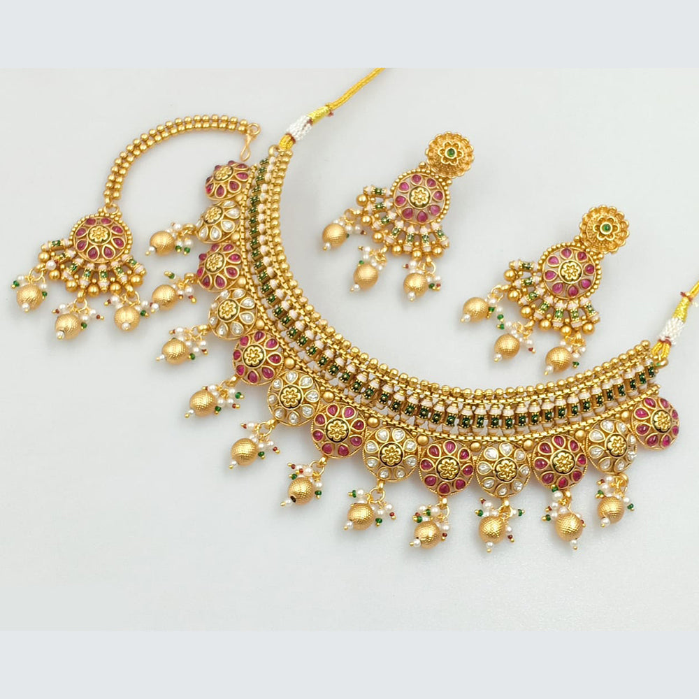 Rajwadi Collection Gold PlatedTraditional Kundan Stone & Pearl Choker Necklace Set