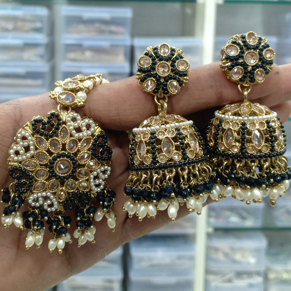 Rajwadi Collection Gold Plated Crystal Stone Pearl And Beads Earrings With Mangtikka
