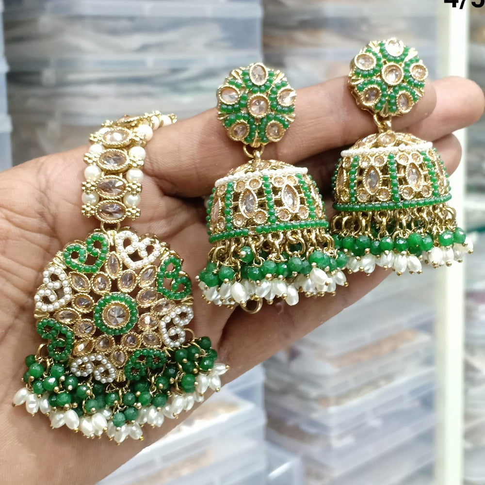 Rajwadi Collection Gold Plated Crystal Stone Pearl And Beads Earrings With Mangtikka