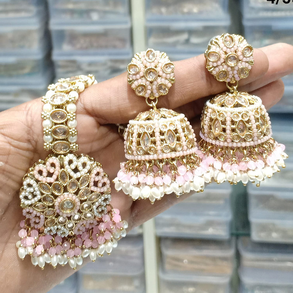 Rajwadi Collection Gold Plated Crystal Stone Pearl And Beads Earrings With Mangtikka