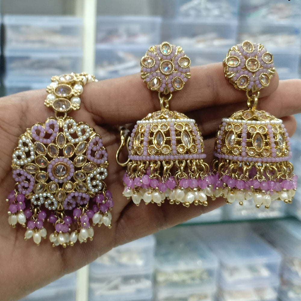 Rajwadi Collection Gold Plated Crystal Stone Pearl And Beads Earrings With Mangtikka