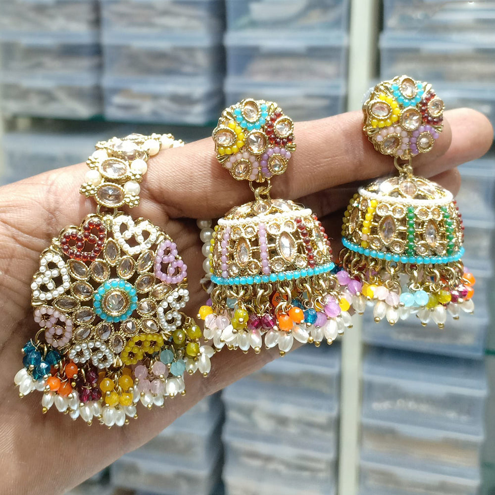 Rajwadi Collection Gold Plated Crystal Stone Pearl And Beads Earrings With Mangtikka