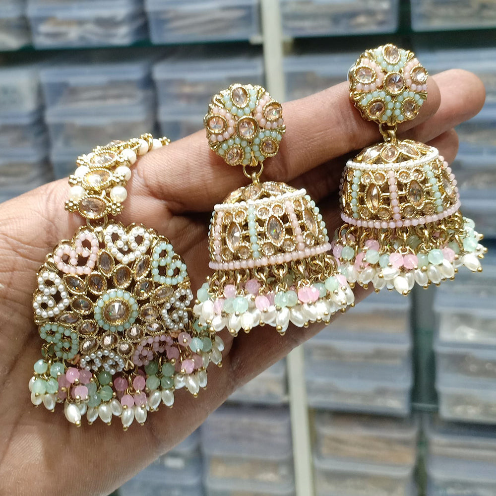 Rajwadi Collection Gold Plated Crystal Stone Pearl And Beads Earrings With Mangtikka