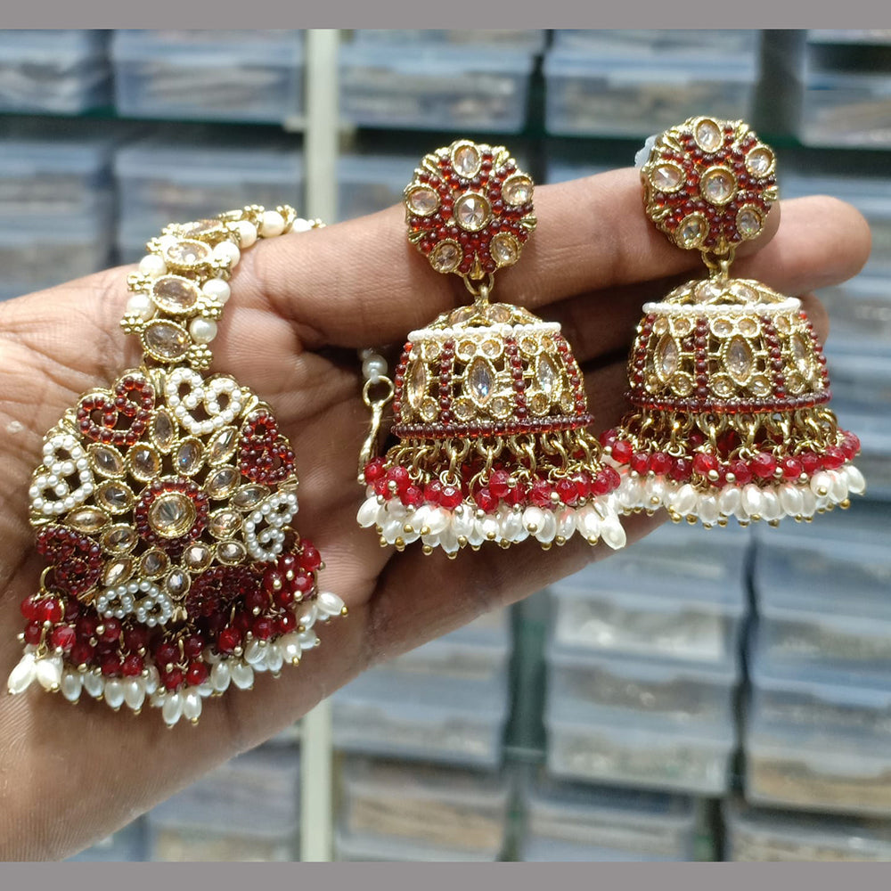 Rajwadi Collection Gold Plated Crystal Stone Pearl And Beads Earrings With Mangtikka
