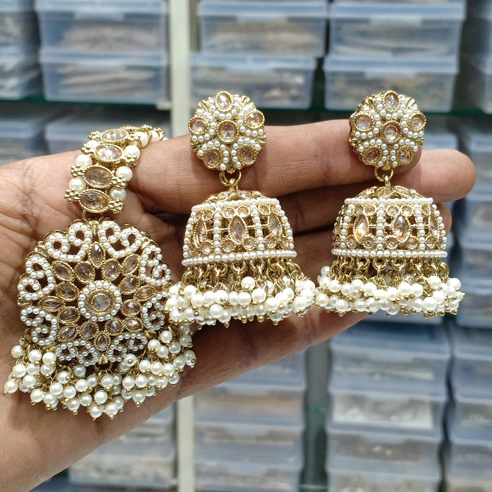 Rajwadi Collection Gold Plated Crystal Stone Pearl And Beads Earrings With Mangtikka
