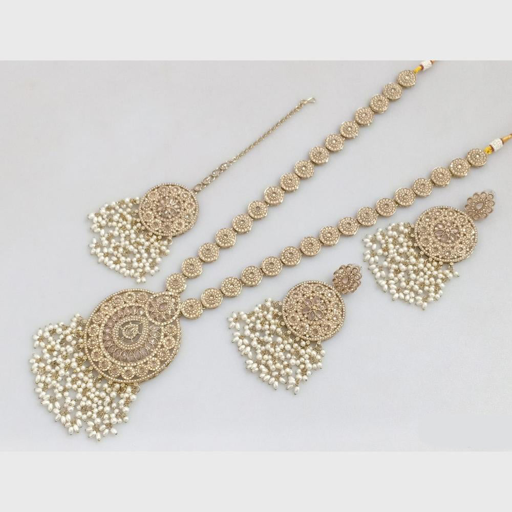 Rajwadi Collection Gold Plated Crystal Stone Pearl And Beads Long Necklace Set