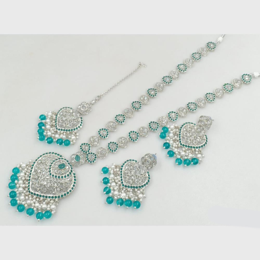 Rajwadi Collection Silver Plated Crystal Stone Pearl And Beads Long Necklace Set