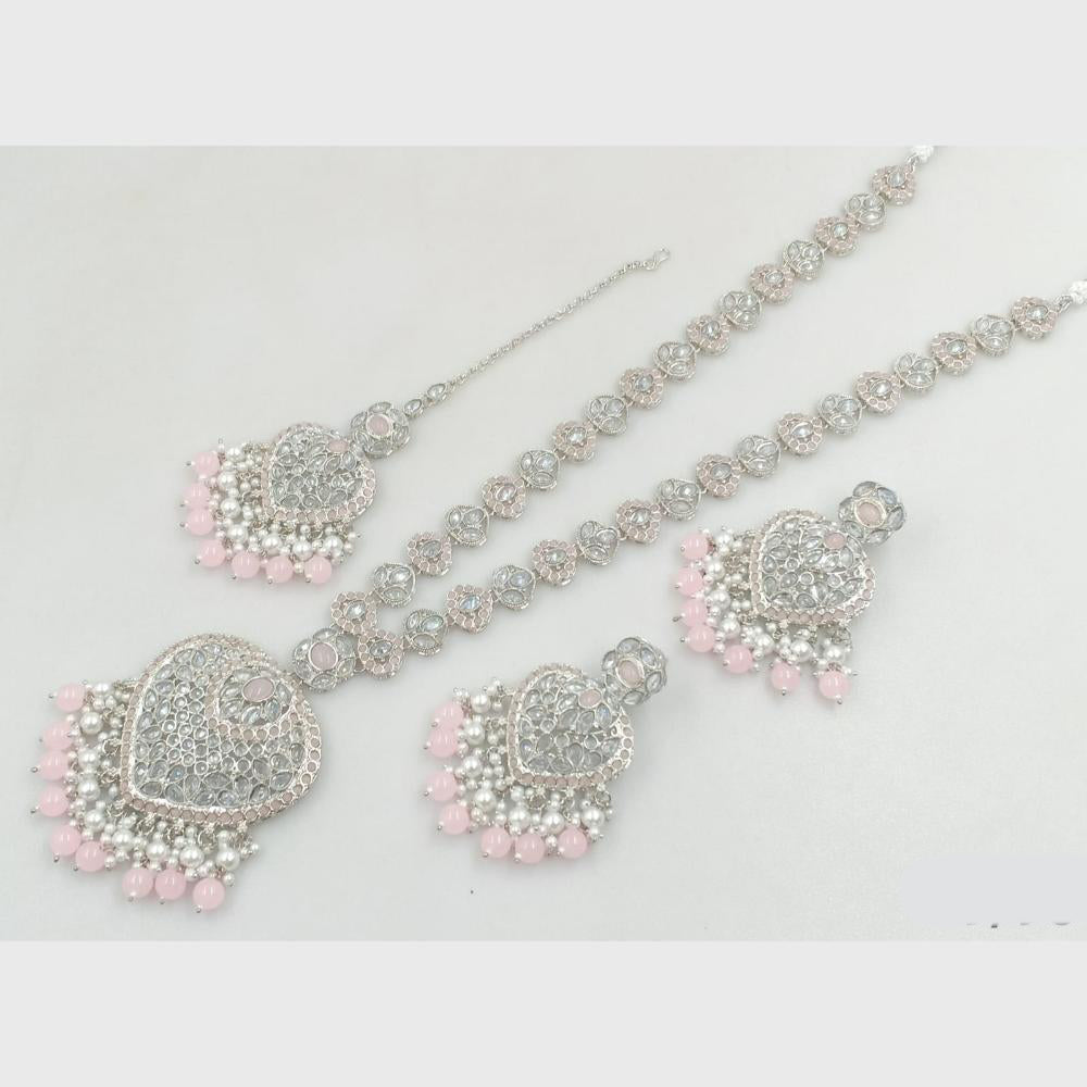 Rajwadi Collection Silver Plated Crystal Stone Pearl And Beads Long Necklace Set