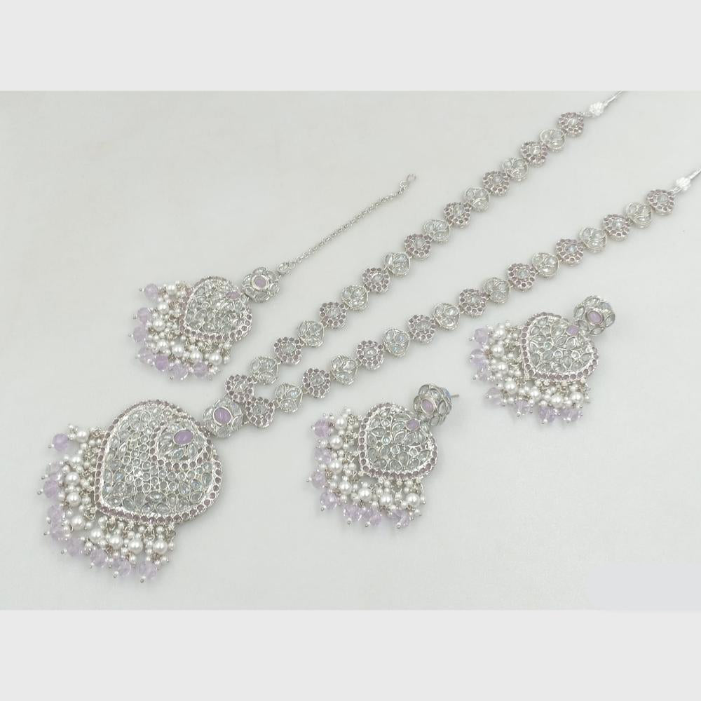 Rajwadi Collection Silver Plated Crystal Stone Pearl And Beads Long Necklace Set