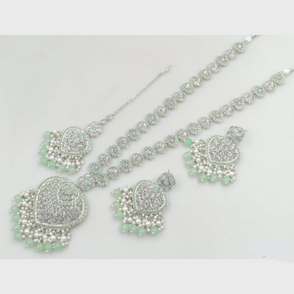Rajwadi Collection Silver Plated Crystal Stone Pearl And Beads Long Necklace Set