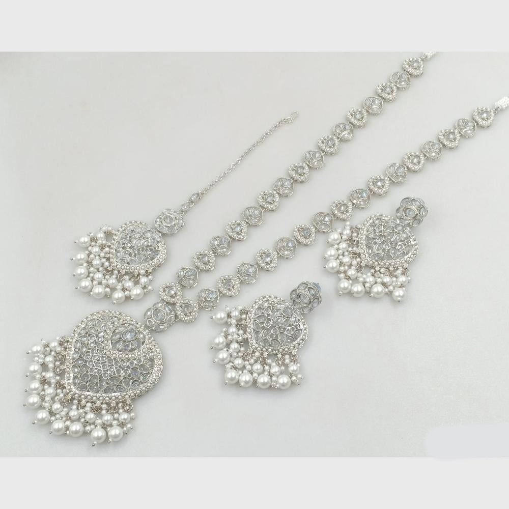 Rajwadi Collection Silver Plated Crystal Stone Pearl And Beads Long Necklace Set