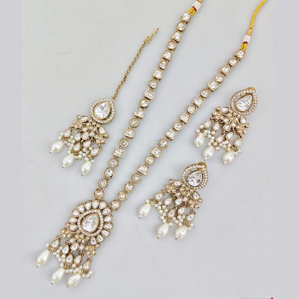 Rajwadi Collection Gold Plated Kundan And Beads Long Necklace Set