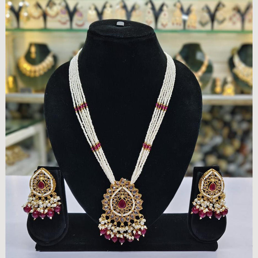 Rajwadi Collection Gold Plated Crystal Stone Pearl And Beads Long Necklace Set