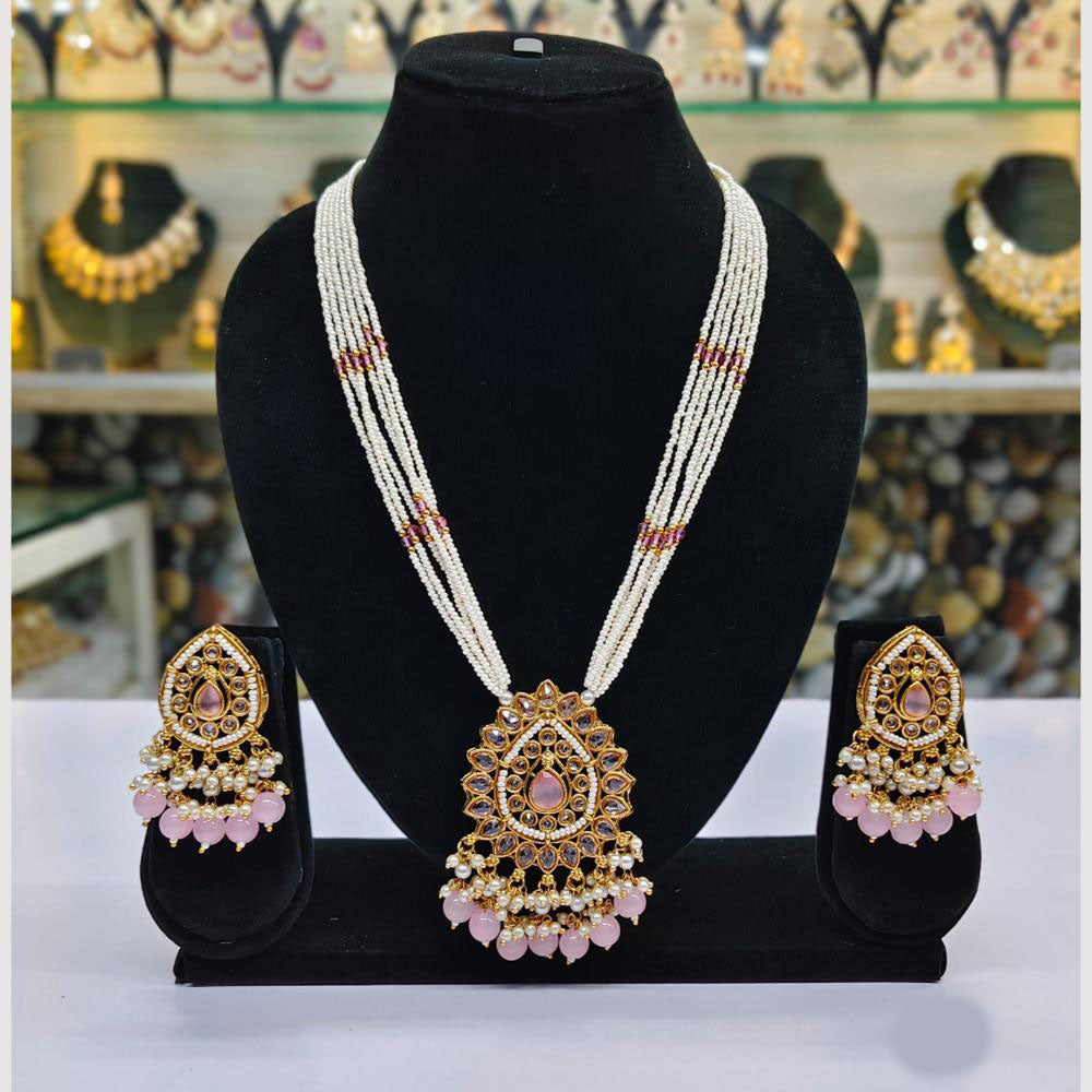 Rajwadi Collection Gold Plated Crystal Stone Pearl And Beads Long Necklace Set